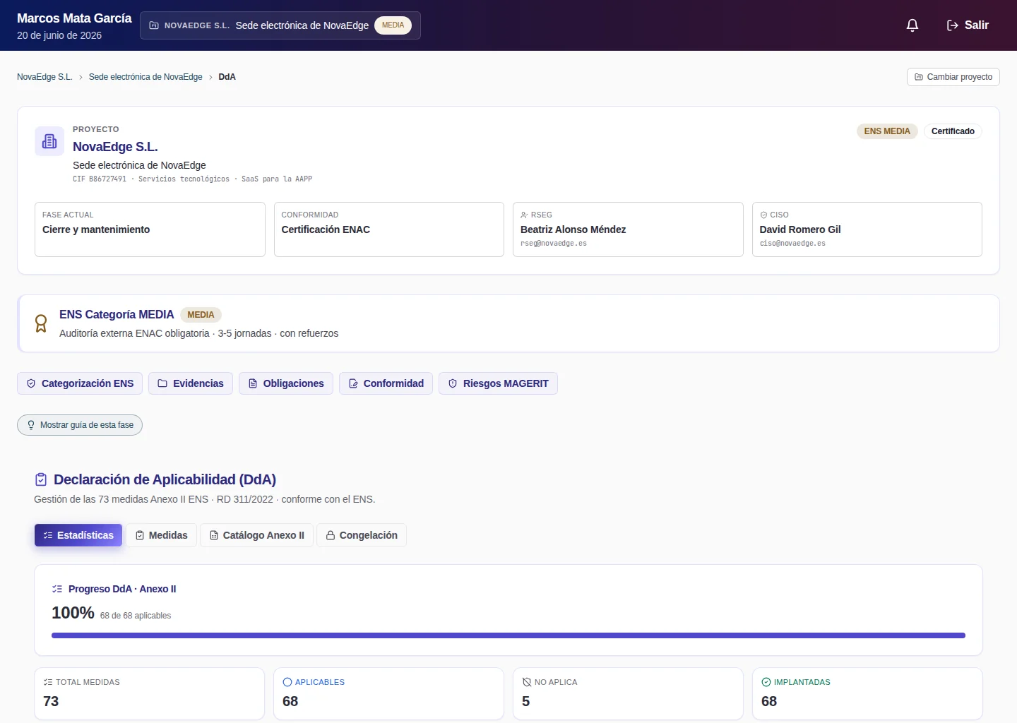Portal de administración de Fulkro: Declaración de Aplicabilidad con las 73 medidas del Anexo II al 100%