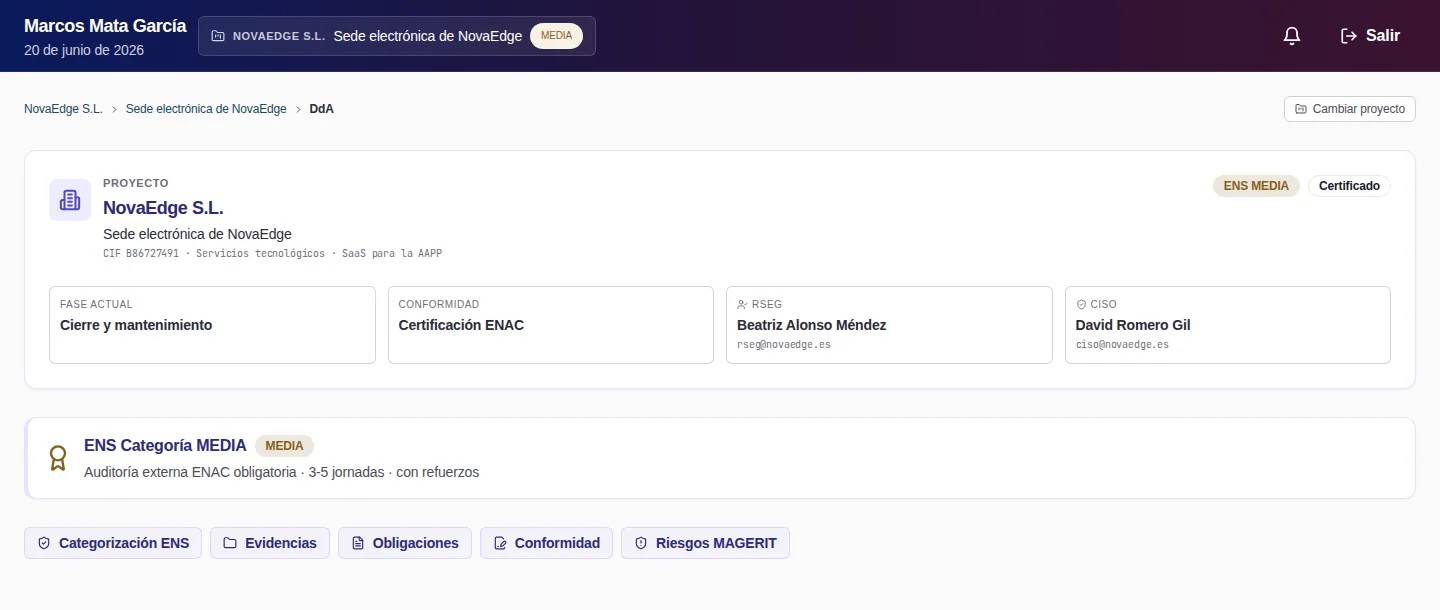 Portal de administración de Fulkro: centro de mando del proyecto demo NovaEdge con nivel ENS Medio y los cinco ejes del Esquema Nacional de Seguridad