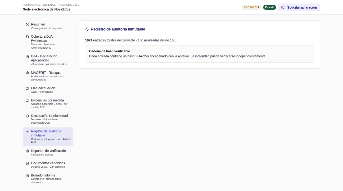 Portal del auditor de Fulkro: registro de auditoría inmutable con cadena de hash SHA-256 verificable