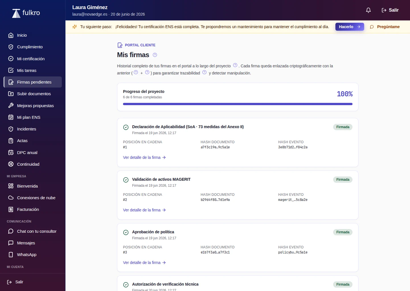 Portal del cliente de Fulkro: centro de firmas con todos los entregables firmados al 100%